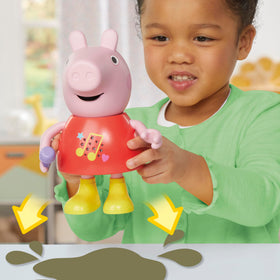 Peppa Pig Talk & Sing Peppa Doll muddy puddle sounds during jumping moments.