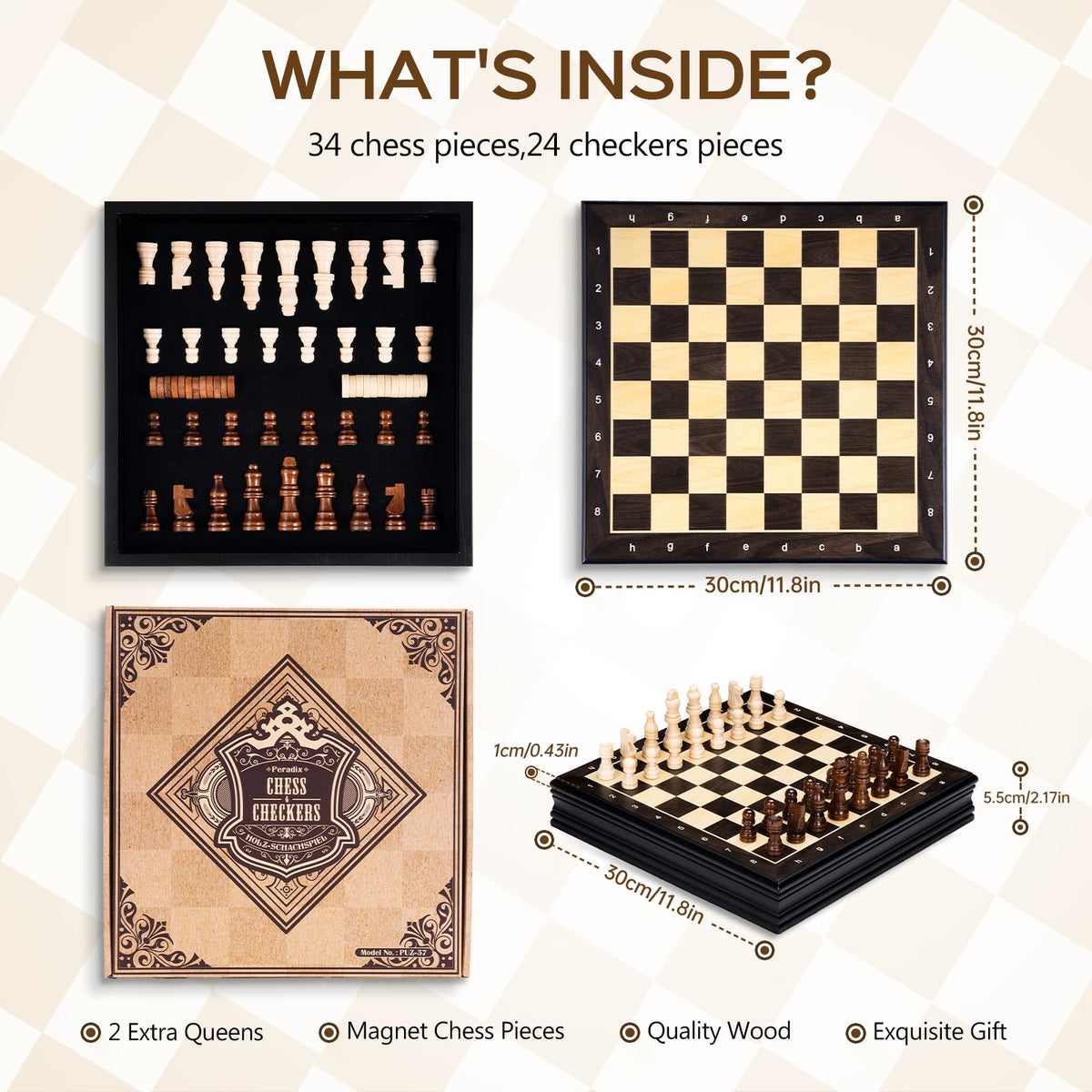 Peradix chess set checkers pieces accompanying smooth glide play.