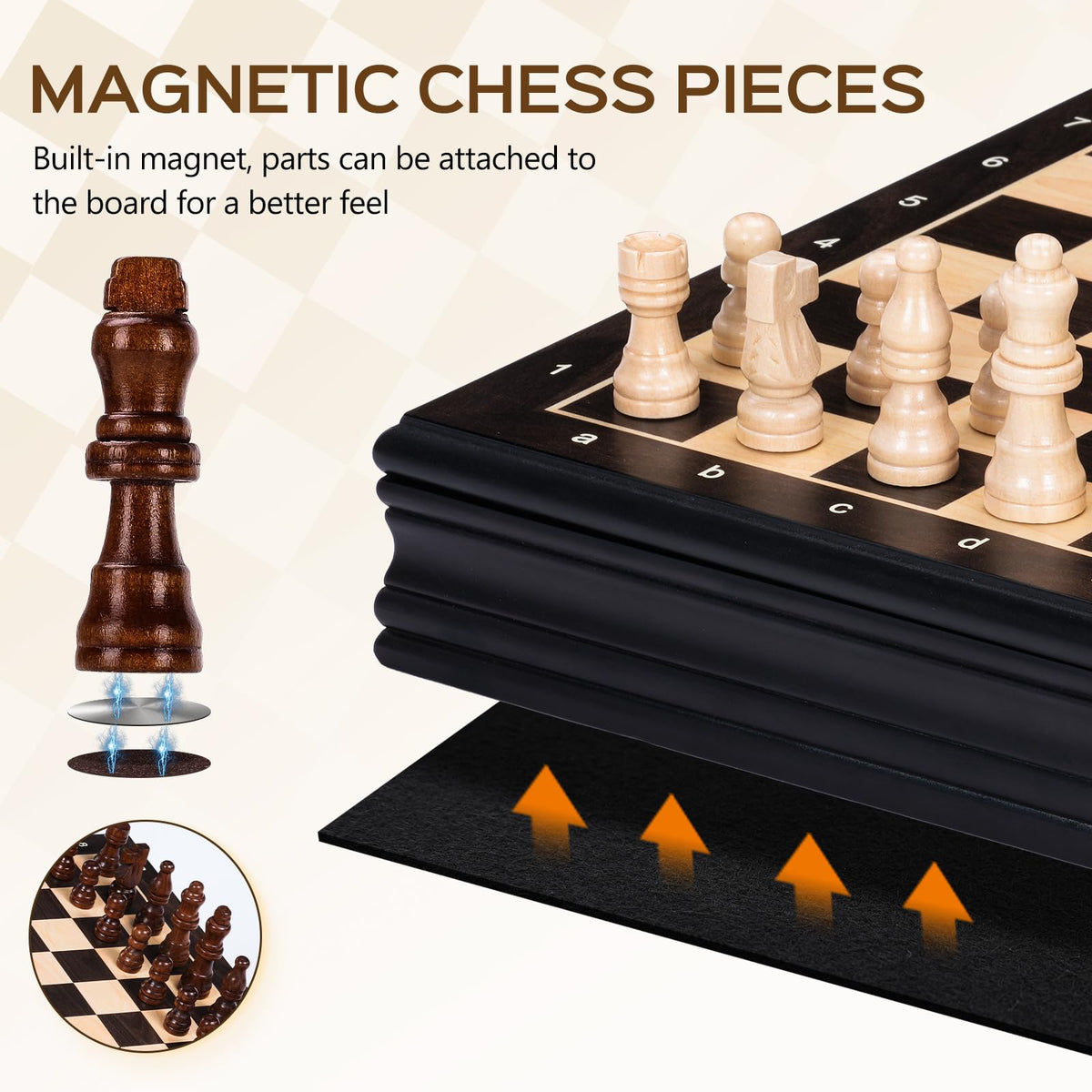 Peradix chess set storage drawer keeps all pieces neatly organized.