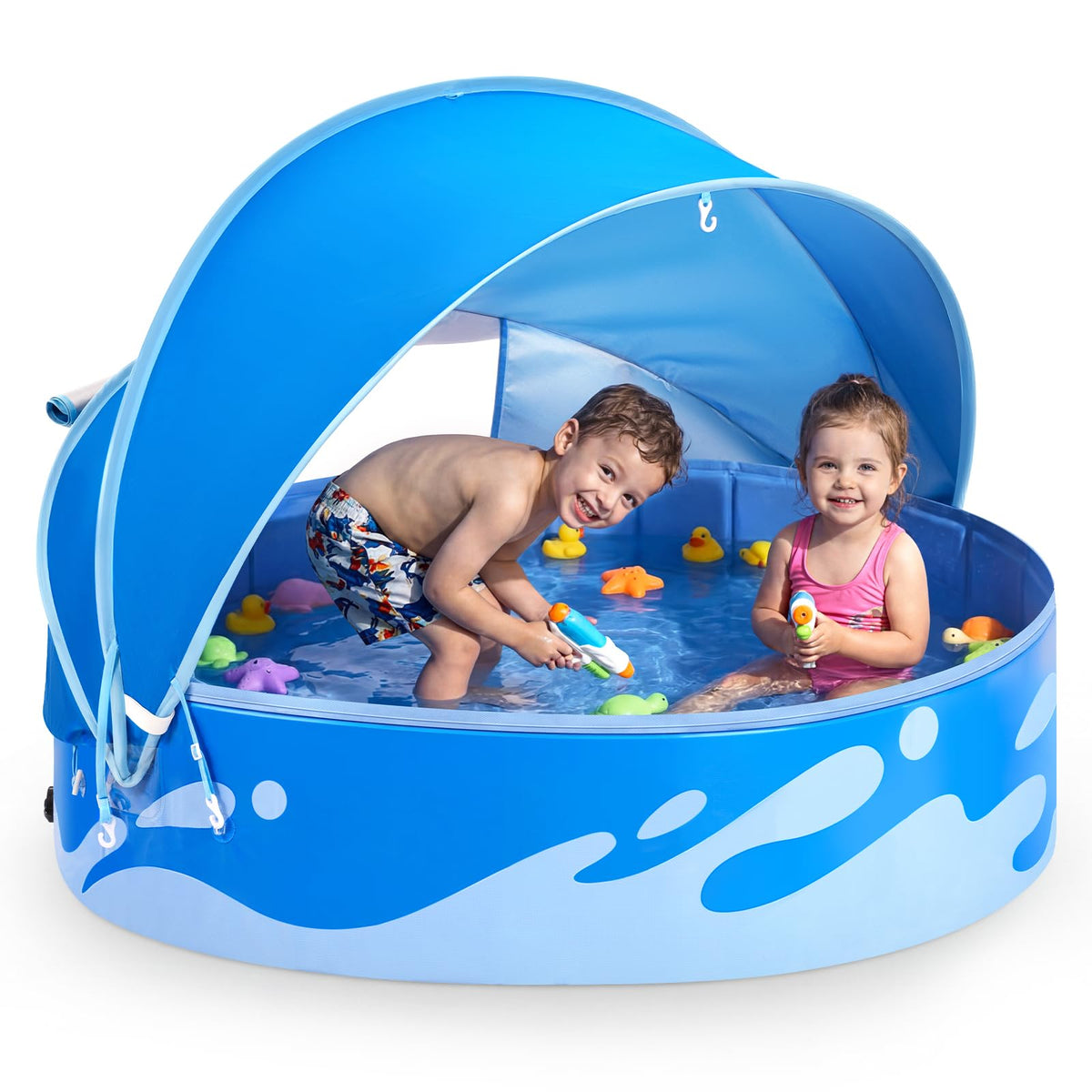 Peradix paddling pool with canopy overview offering shade and ready-to-use setup.