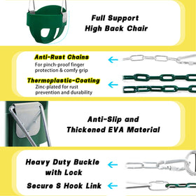 Perantlb coated chain protects fingers during daily swing sessions.