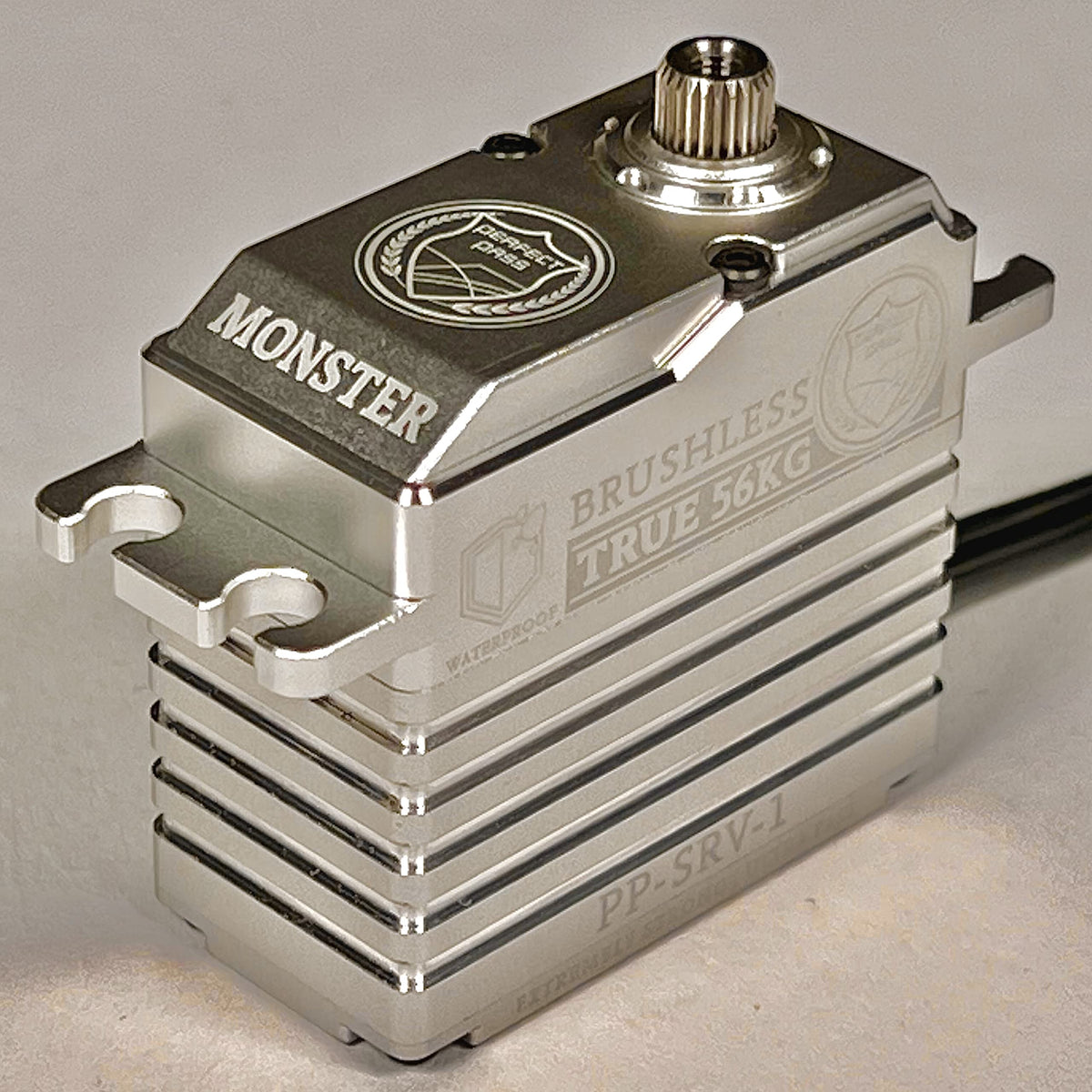 Perfect Pass Monster 56KG waterproof servo, front view, high torque for RC cars.
