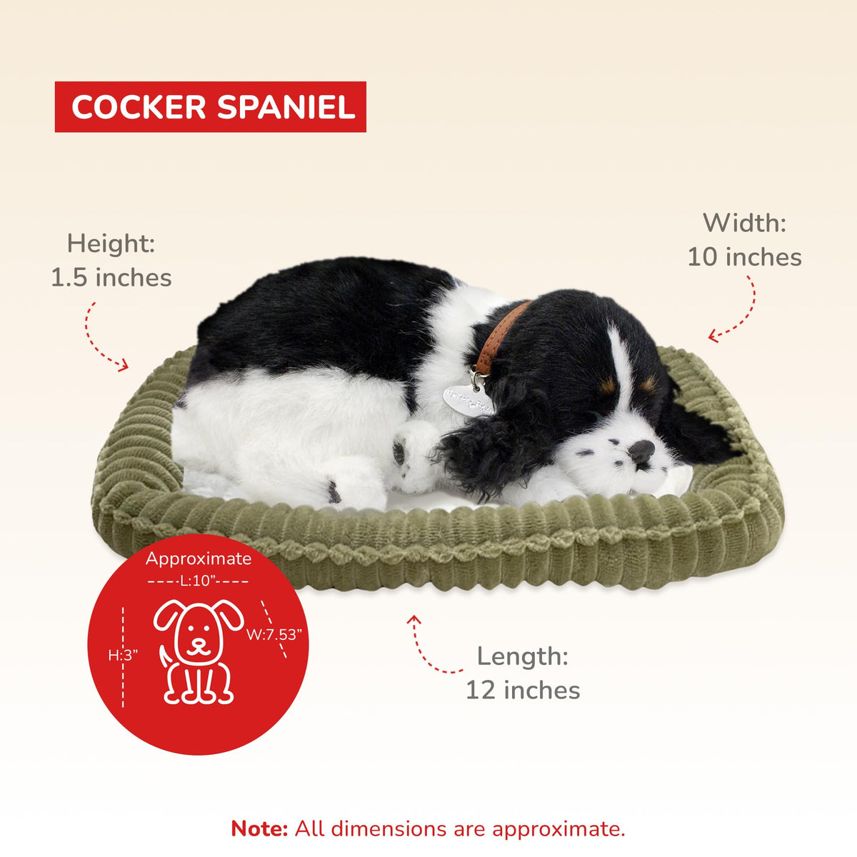 Soft handcrafted synthetic fur on Perfect Petzzz Cocker Spaniel offers allergen-friendly cuddle.