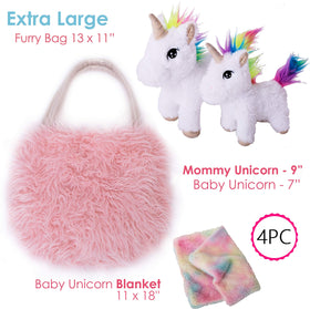 Soft baby unicorn blanket included for cozy naps and playtime.