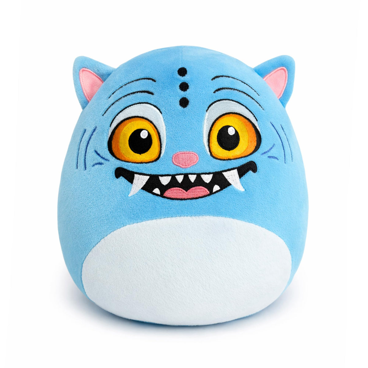 Periyholev blue tiger plush face with a cheerful smile for cuddling.