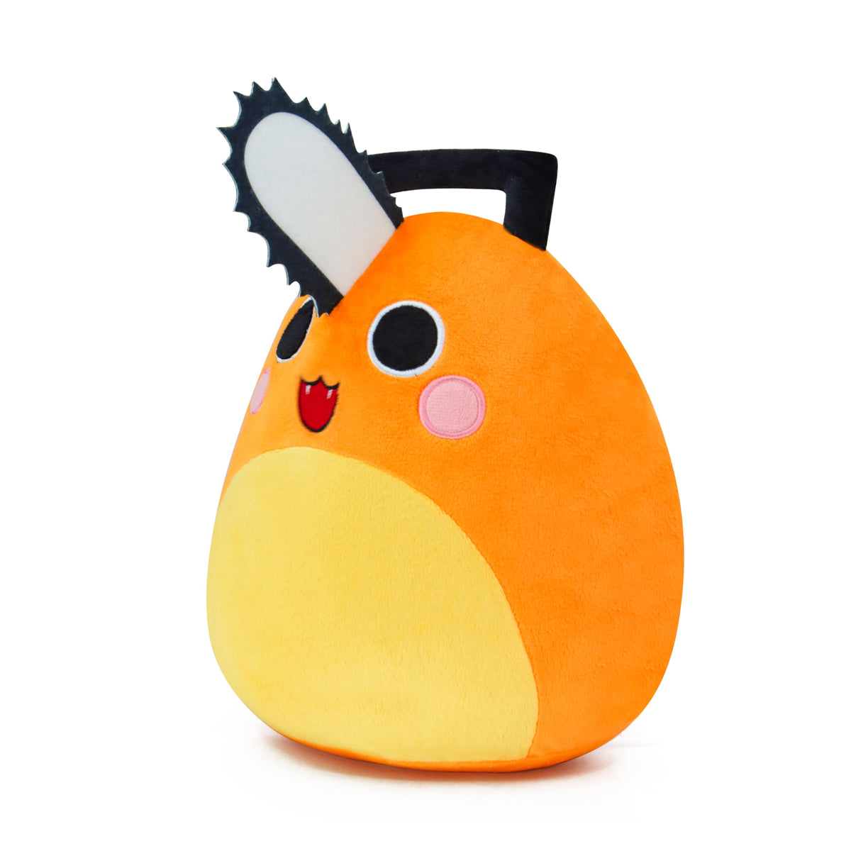 Periyholev orange saw-puppy plush ready for travel with built-in handle.