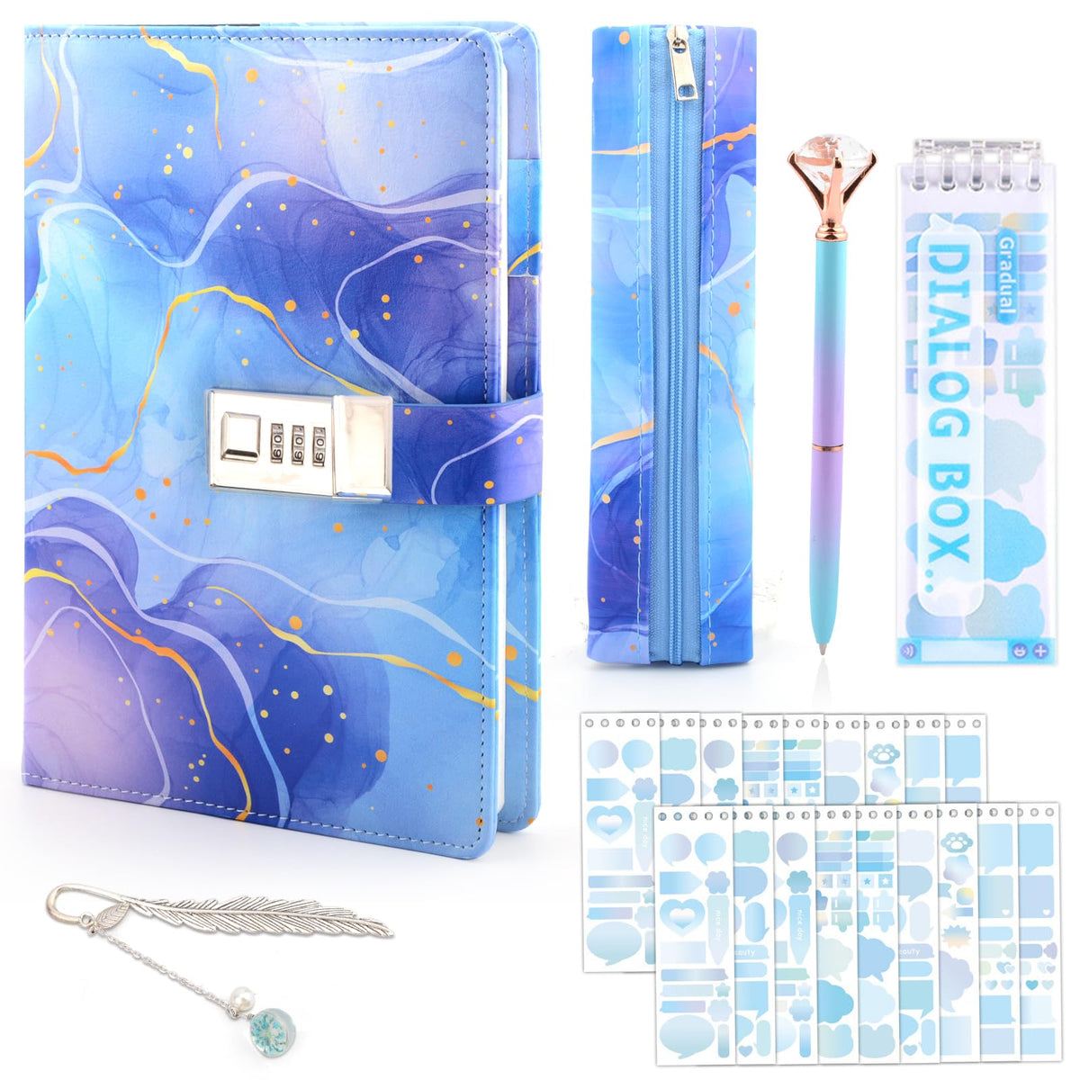 Perpetily diary with lock, blue marble cover, a secure place for secrets and journaling.