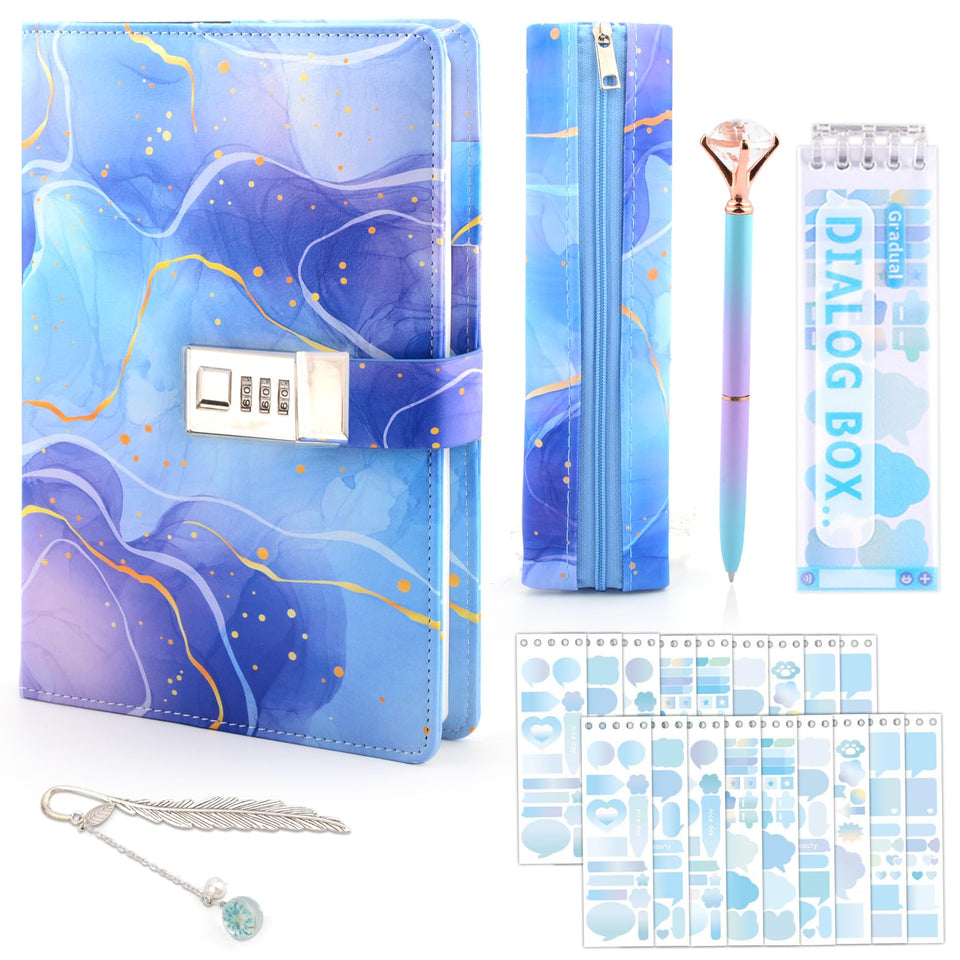 Perpetily diary with lock, blue marble cover, a secure place for secrets and journaling.