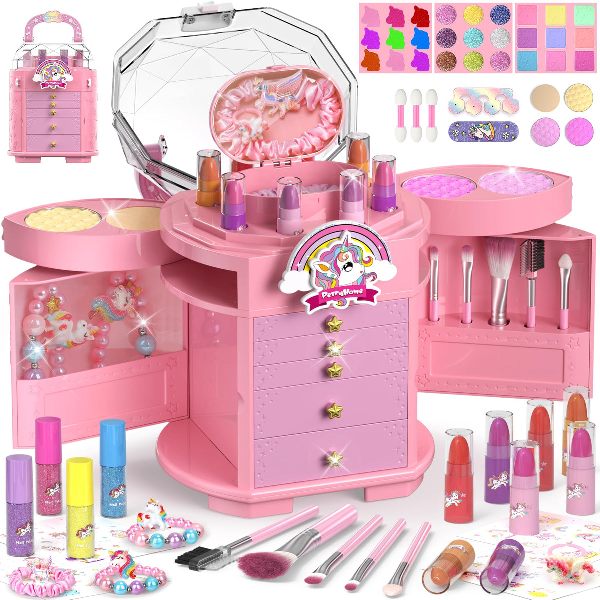 PERRYHOME Kids Makeup Set 63 pcs full kit for creative dress-up fun.