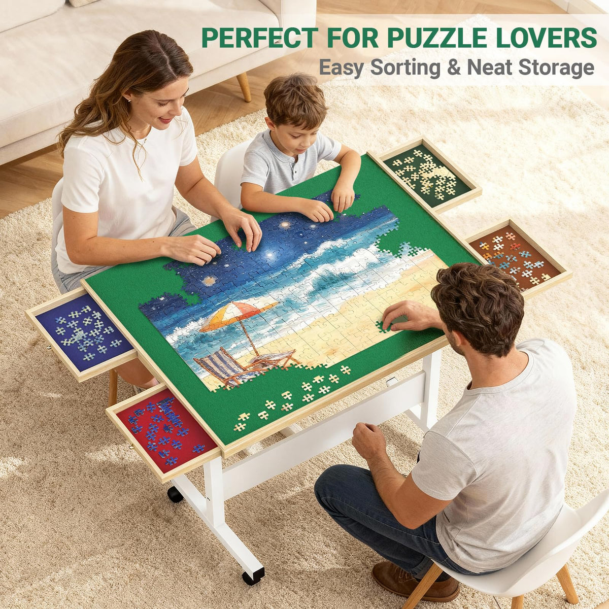 PETAZA puzzle table with 360 rotating wheels allows easy orientation.