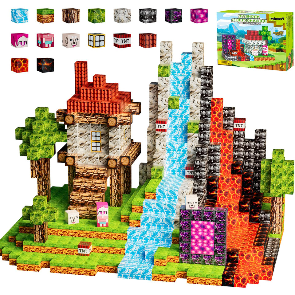 Petenjoy Minecraft-style magnetic blocks collection showcasing 126 pieces for imaginative play