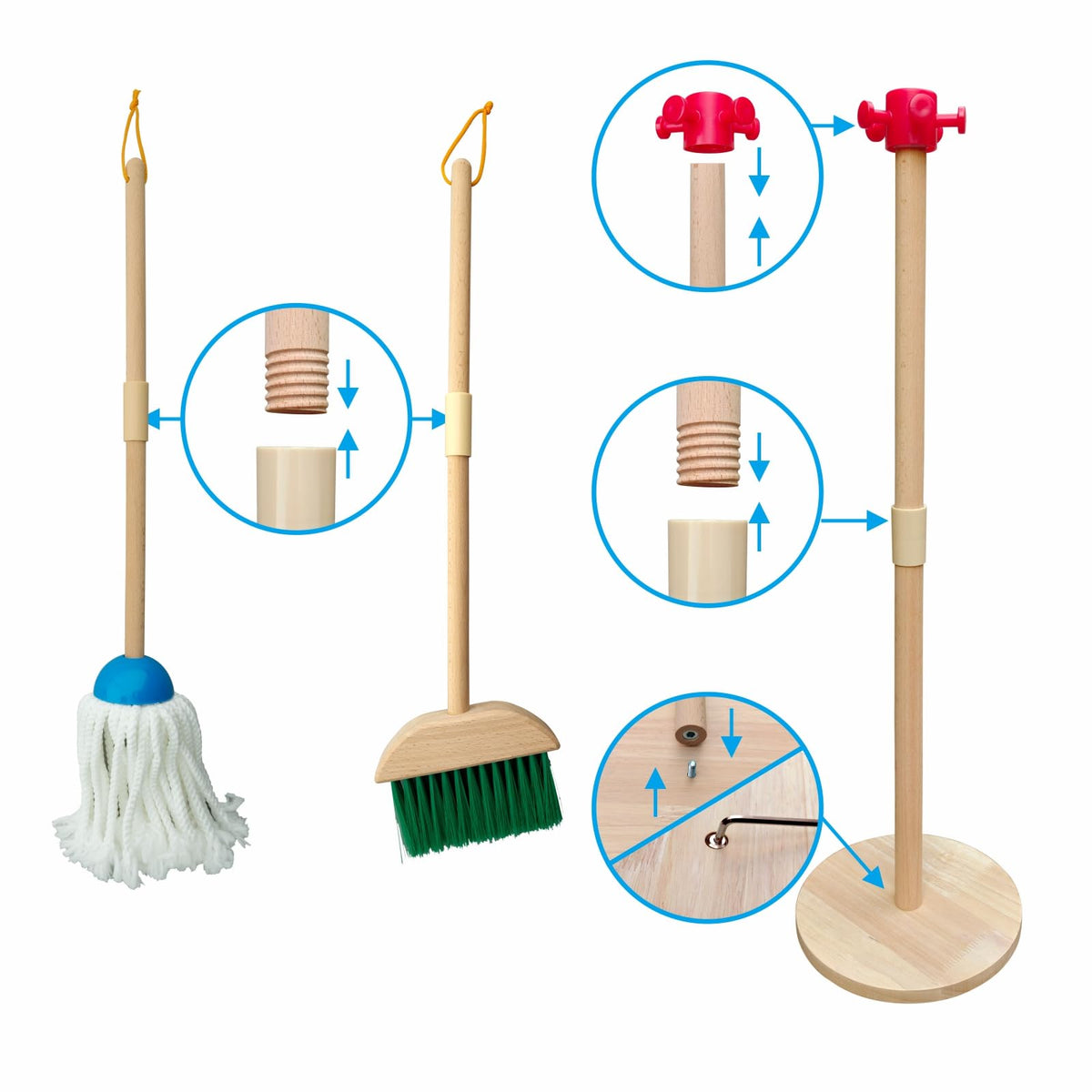 PetGlobal Kids Cleaning Set wooden mop with long handle supports safe cleaning.