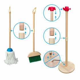 PetGlobal Kids Cleaning Set wooden mop with long handle supports safe cleaning.