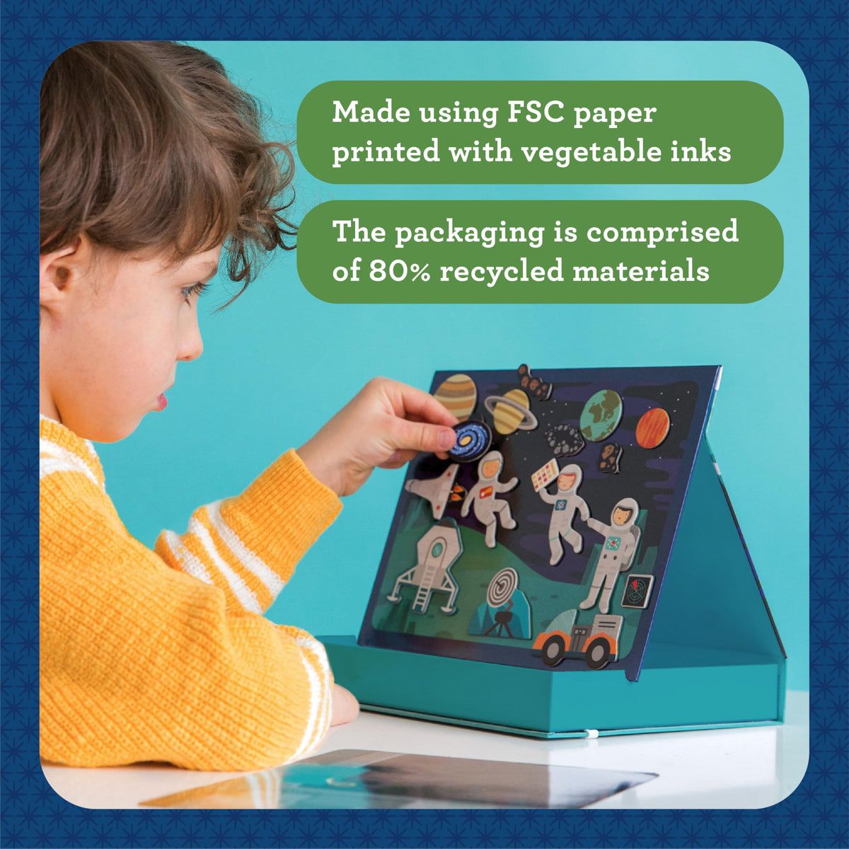 Petit Collage 54-piece set provides varied, reusable space adventures.