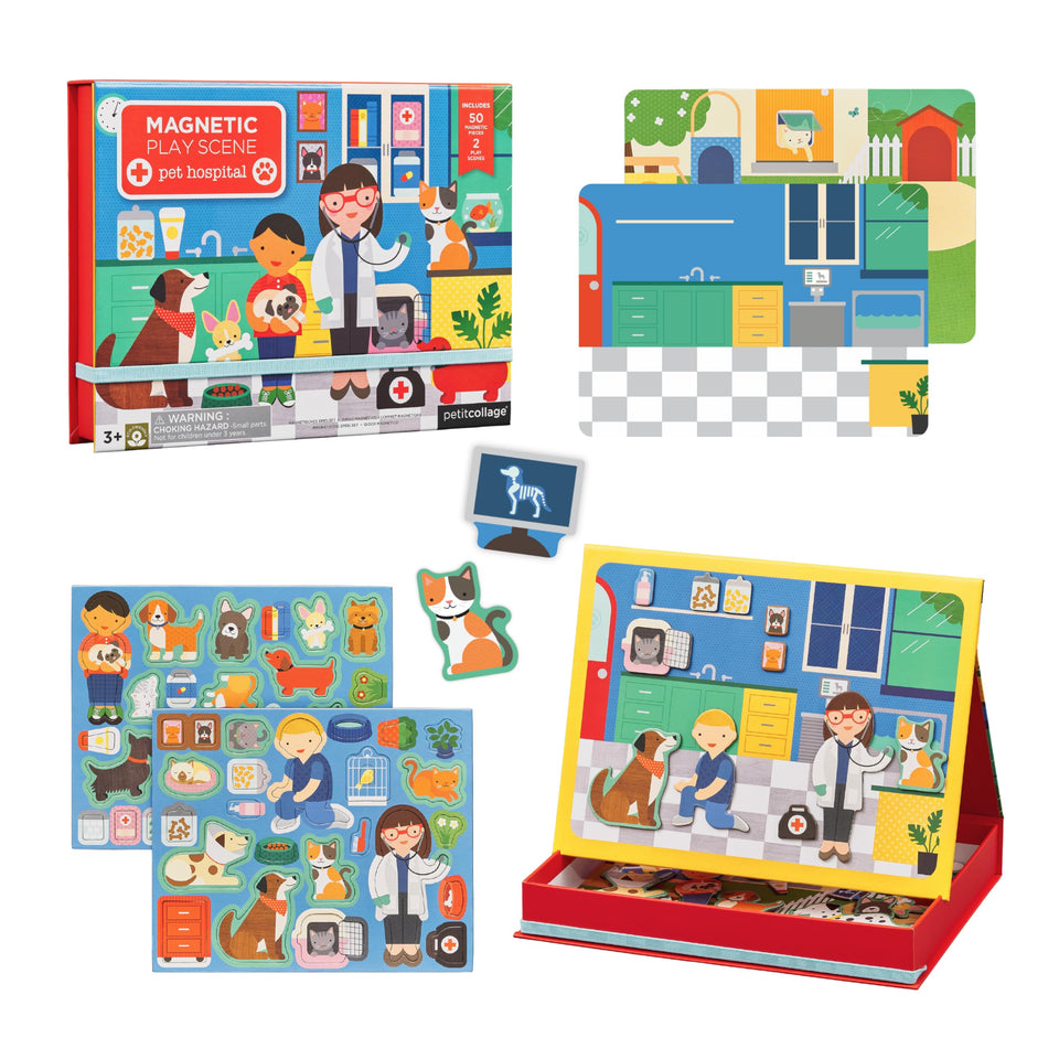 Petit Collage Mag Play Scene Pet Hospital Chihuahua checkup encourages imaginative vet play