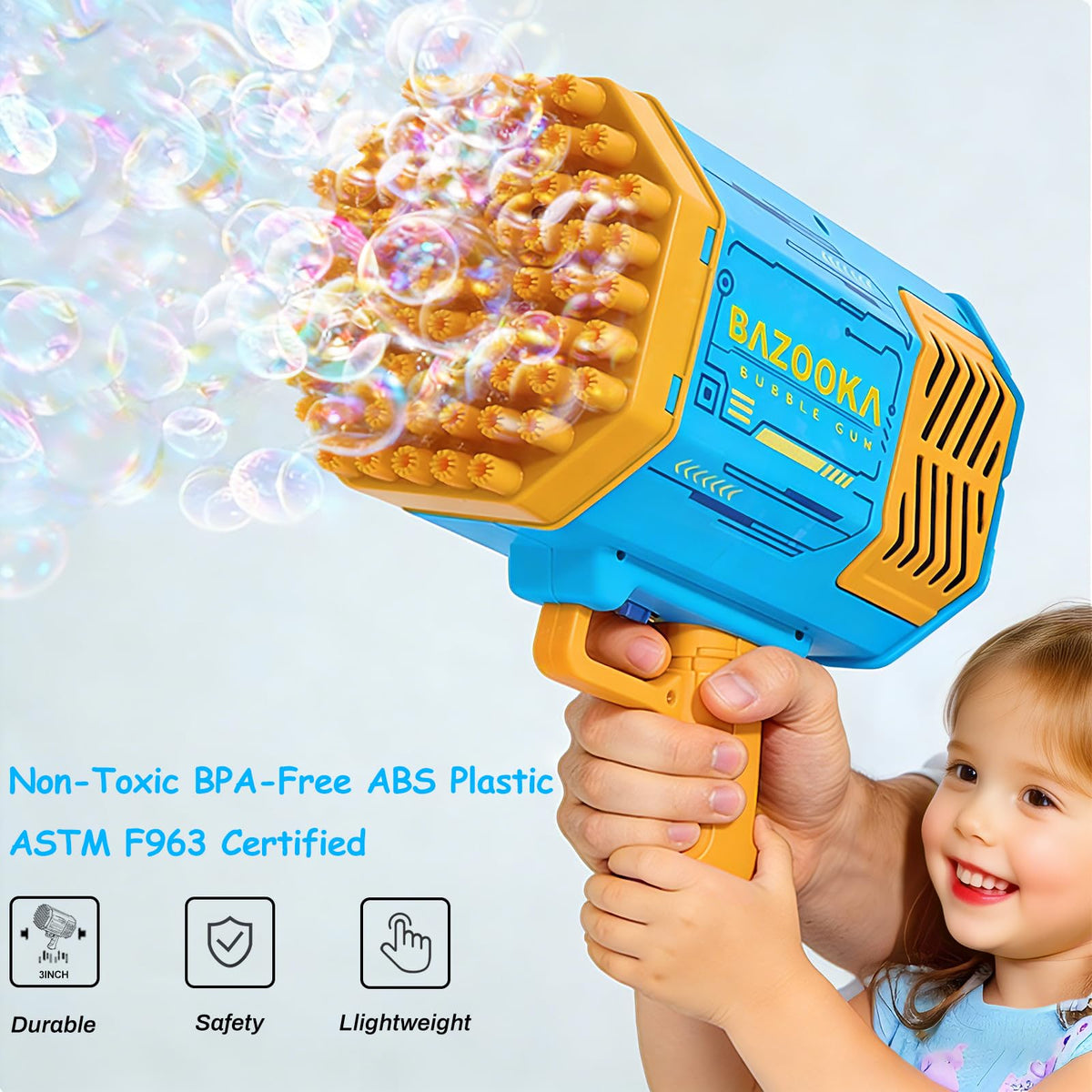 Petrella Bubble Gun made from non-toxic ABS plastic for safe play.