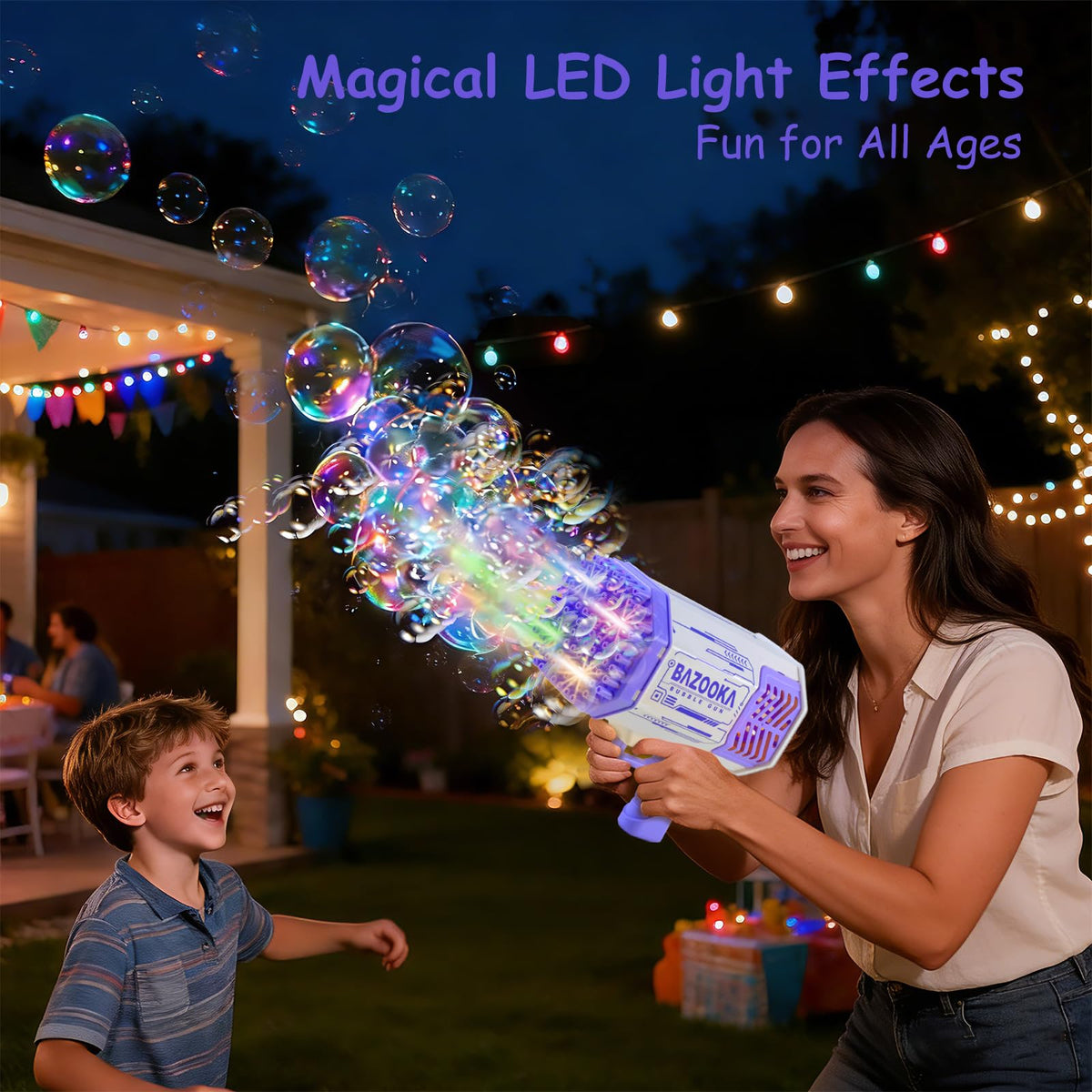 Petrella LED light effect illuminates night play with bubbles.