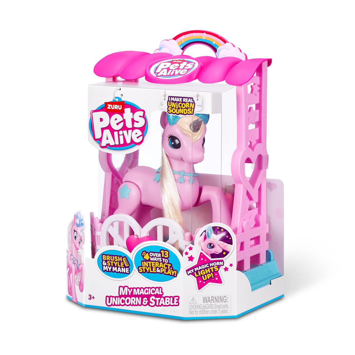 Pets Alive magical unicorn sounds respond when stroking nose for immersive interaction.