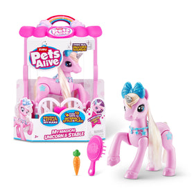 Pets Alive Magical Unicorn in stable shines with a glowing horn for imaginative play.