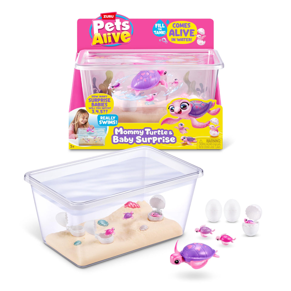 Pets Alive Mommy Turtle Surprise packaging tease, unlocking unboxing curiosity and hatch excitement.