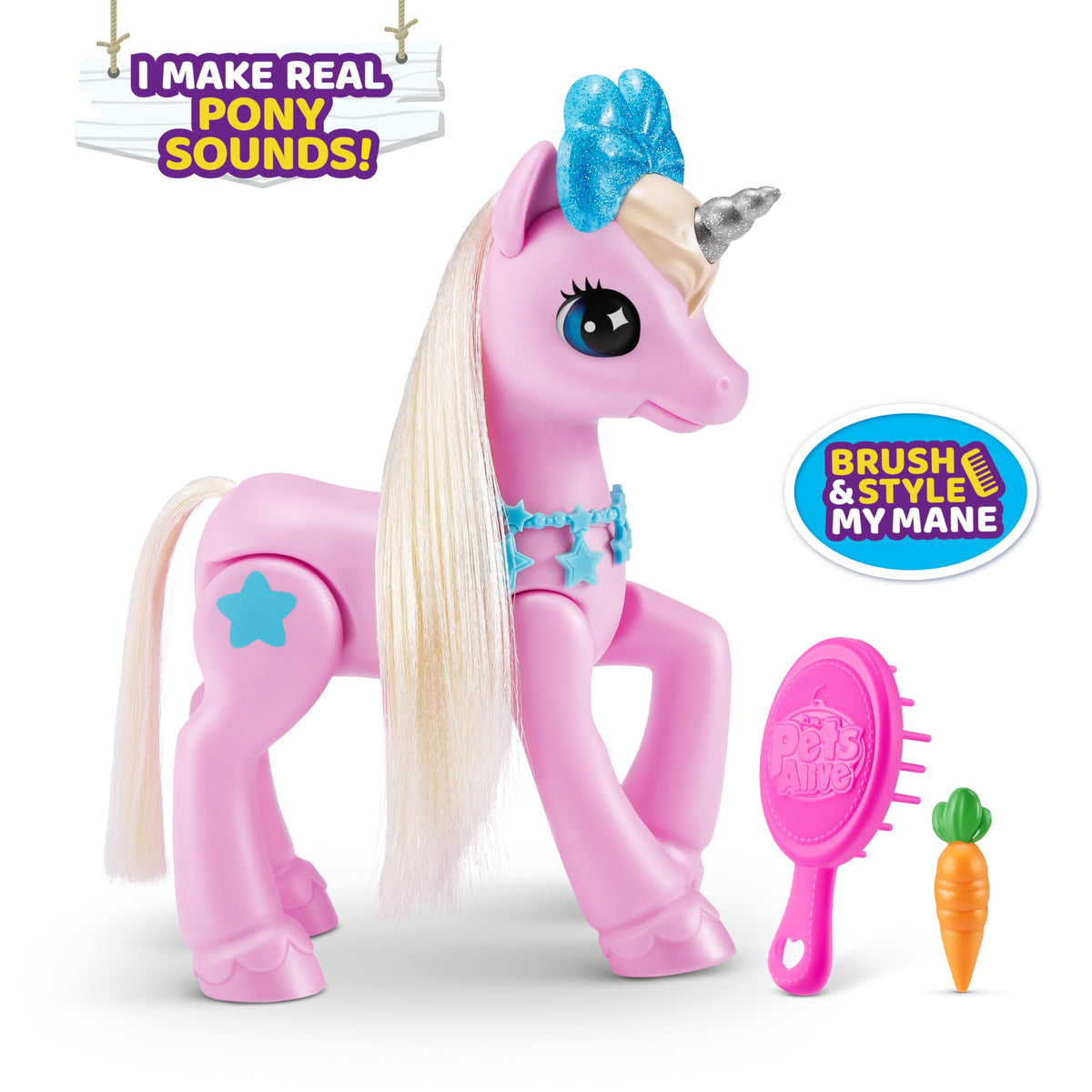 Pets Alive unicorn horn lights up, enriching brushing and feeding pretend play.