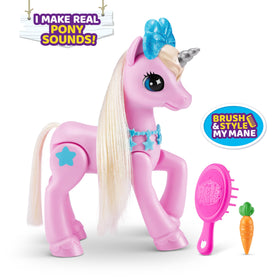Pets Alive unicorn horn lights up, enriching brushing and feeding pretend play.