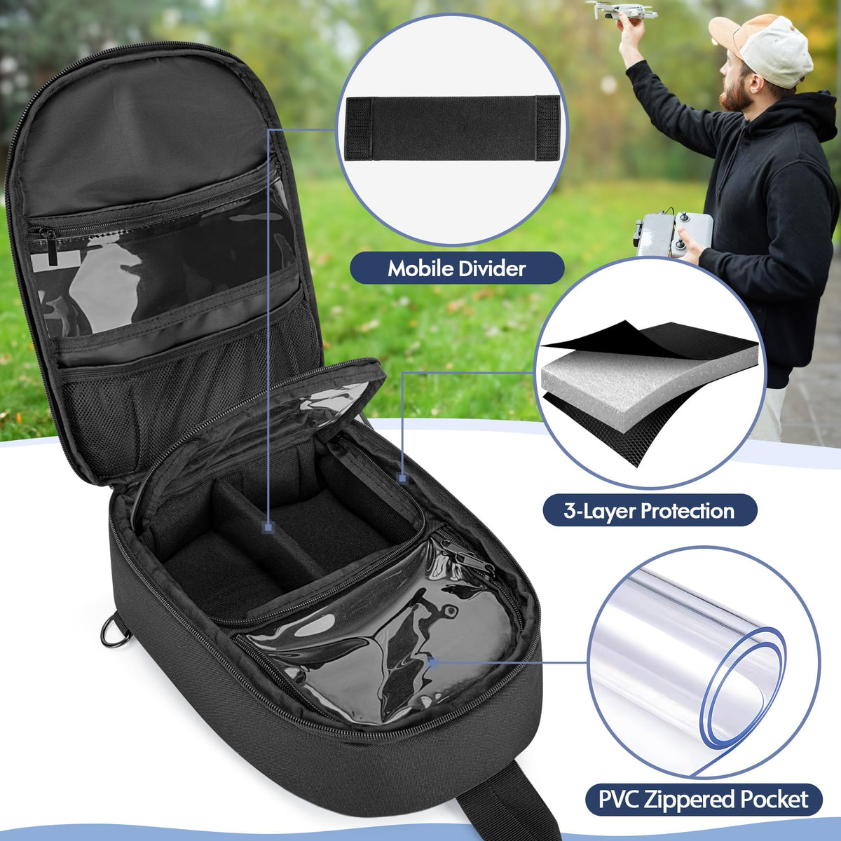 PGmoon drone case space divider keeps drone and accessories neatly separated.