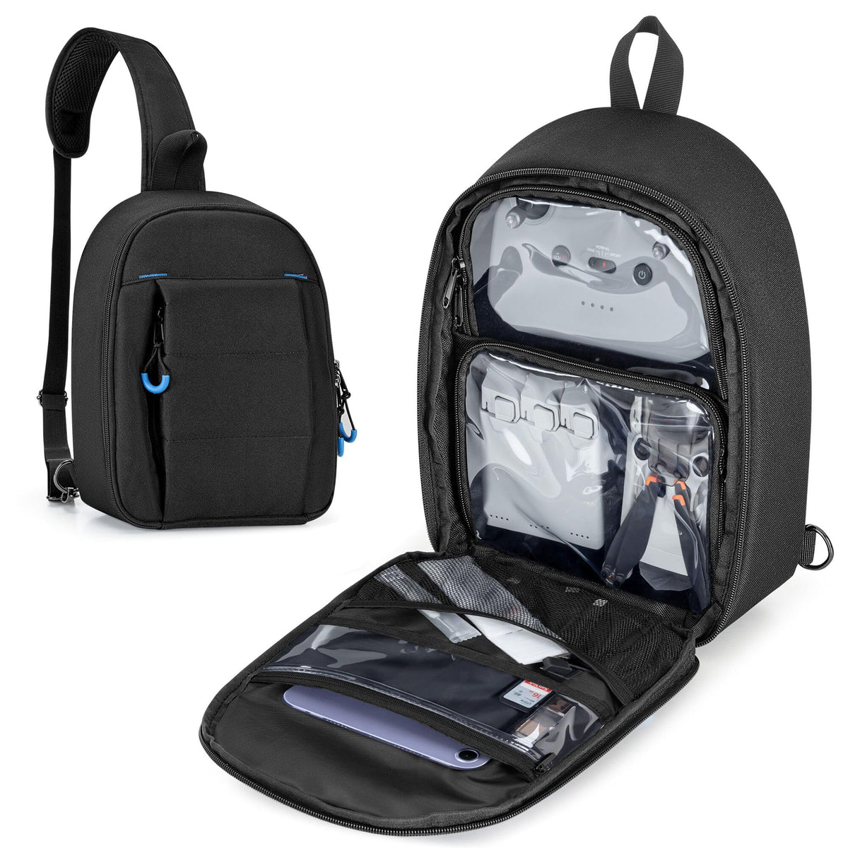 PGmoon drone carrying case main compartment protects DJI Mini 3/4 Pro gear during travel.