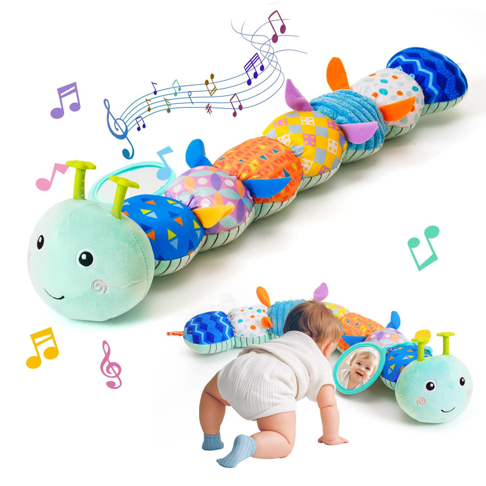 PHEZAPA caterpillar toy with crinkle texture encourages tactile exploration.
