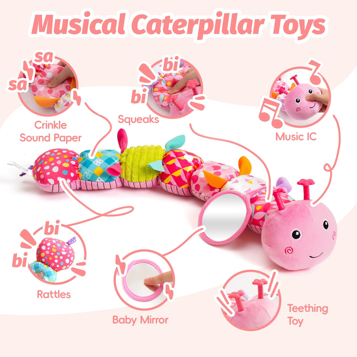 PHEZAPA Caterpillar Toy mirrored surface to encourage visual tracking.