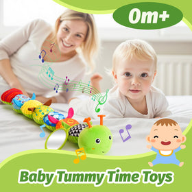 PHEZAPA musical caterpillar rattle with crinkle textures enhances tactile engagement.