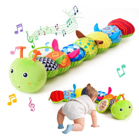 PHEZAPA musical caterpillar rattle, front view, promotes sensory exploration for newborns.