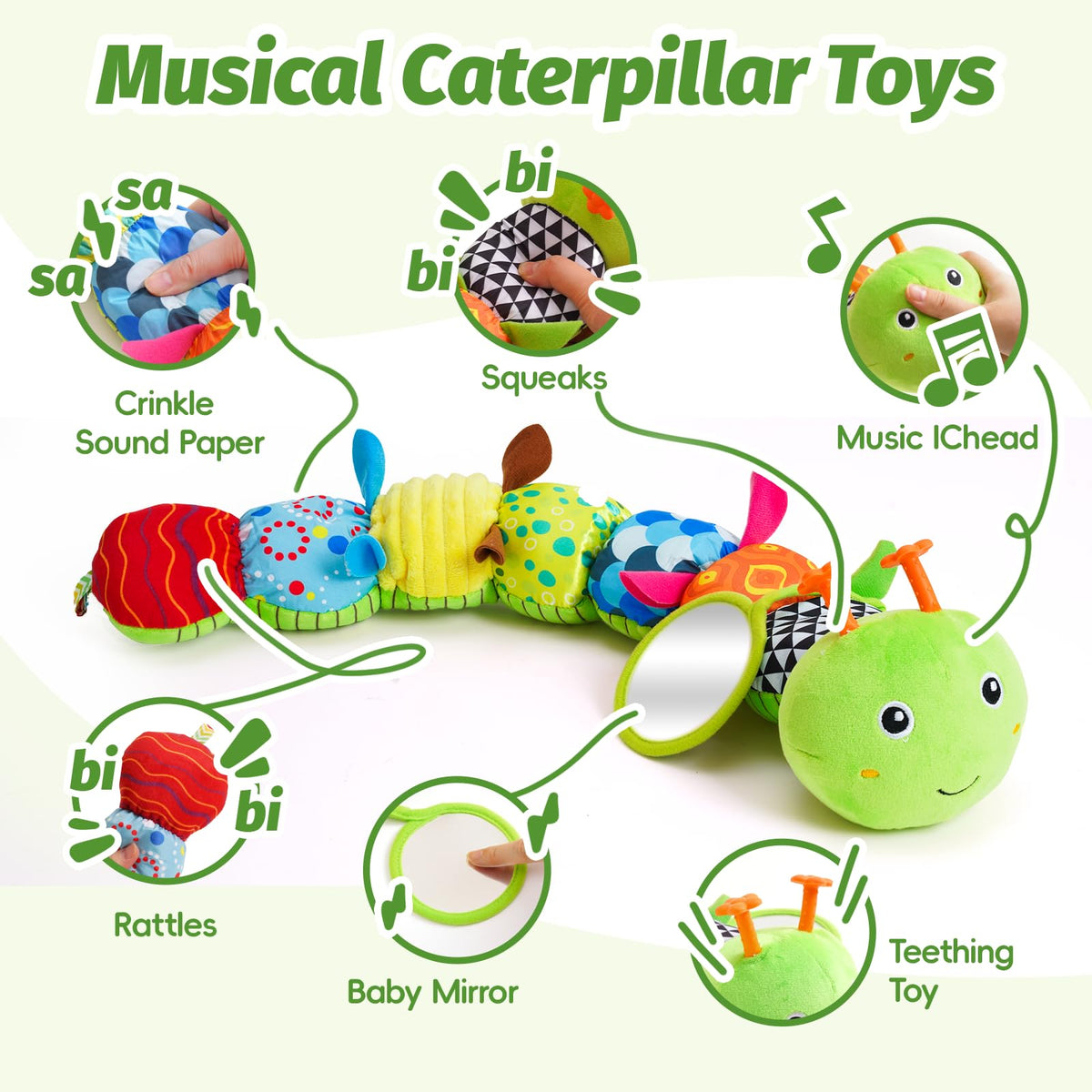 PHEZAPA musical caterpillar rattle with safe mirror supports visual tracking.