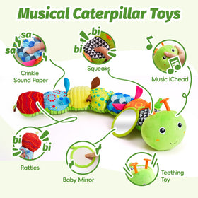 PHEZAPA musical caterpillar rattle with safe mirror supports visual tracking.