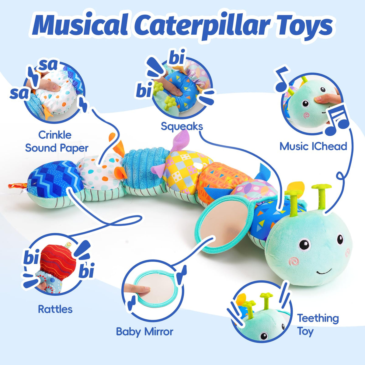 PHEZAPA soft plush blue caterpillar provides gentle cuddling and comfort.