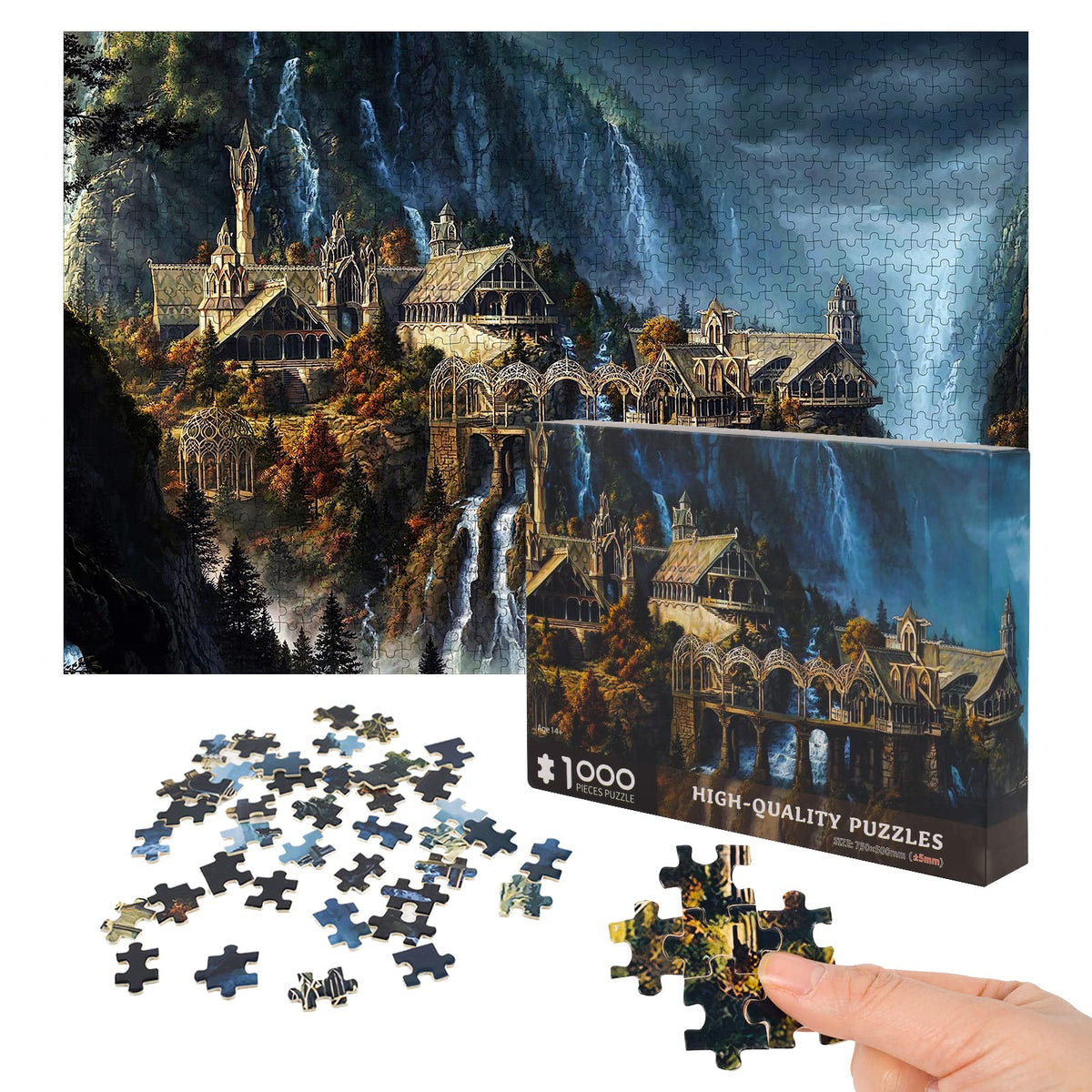 Phinli Lord of the Rings 1000-piece Bridge over River puzzle ideal for puzzle enthusiasts.