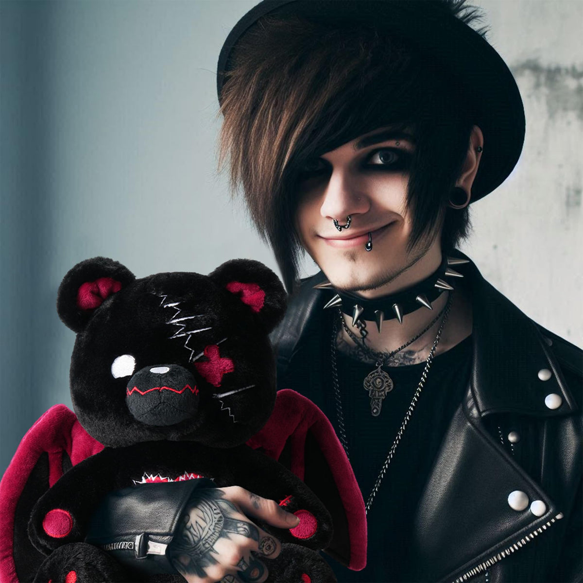 PHITECUS Emo Gothic Bear sits on nightstand, adding moody decor and comfort.
