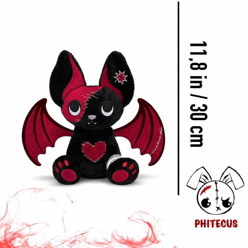 PHITECUS Gothic Bat Plushie with red heart accents, a cute display piece and gift idea.