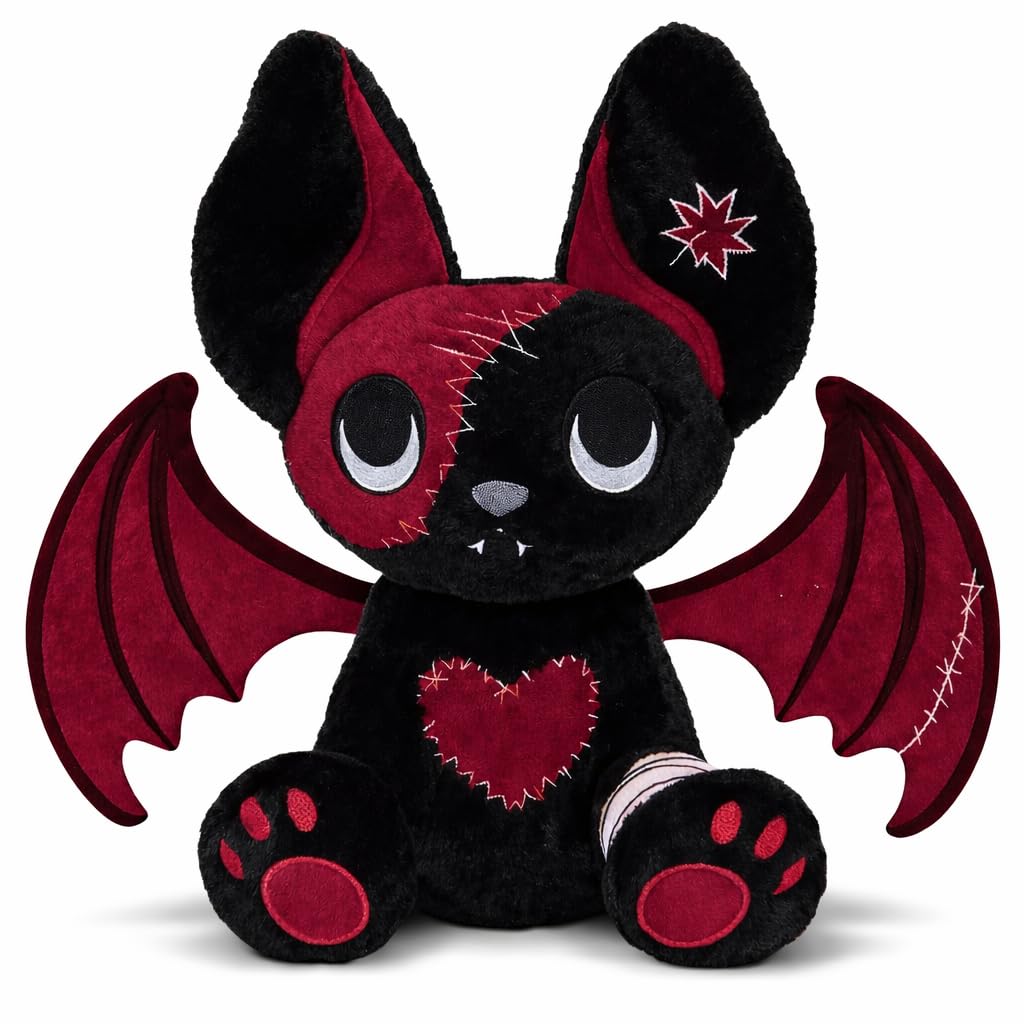PHITECUS goth bunny plush close-up shows brave heart stitches for cozy vibes.