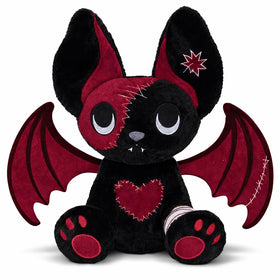 PHITECUS goth bunny plush close-up shows brave heart stitches for cozy vibes.