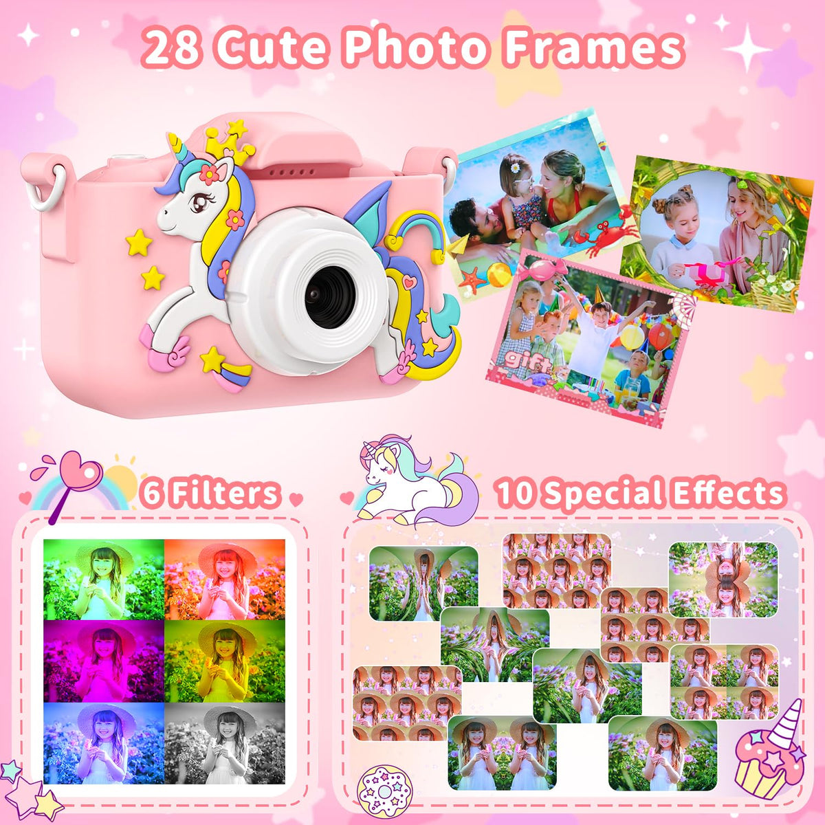 PHNIXGAM Pink Unicorn Kids Camera 32gb card slot for instant storage