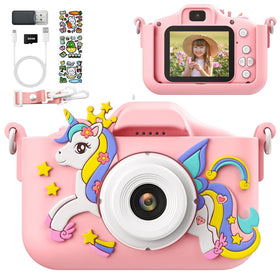 PHNIXGAM Pink Unicorn Kids Camera front view with kid friendly design for easy memories
