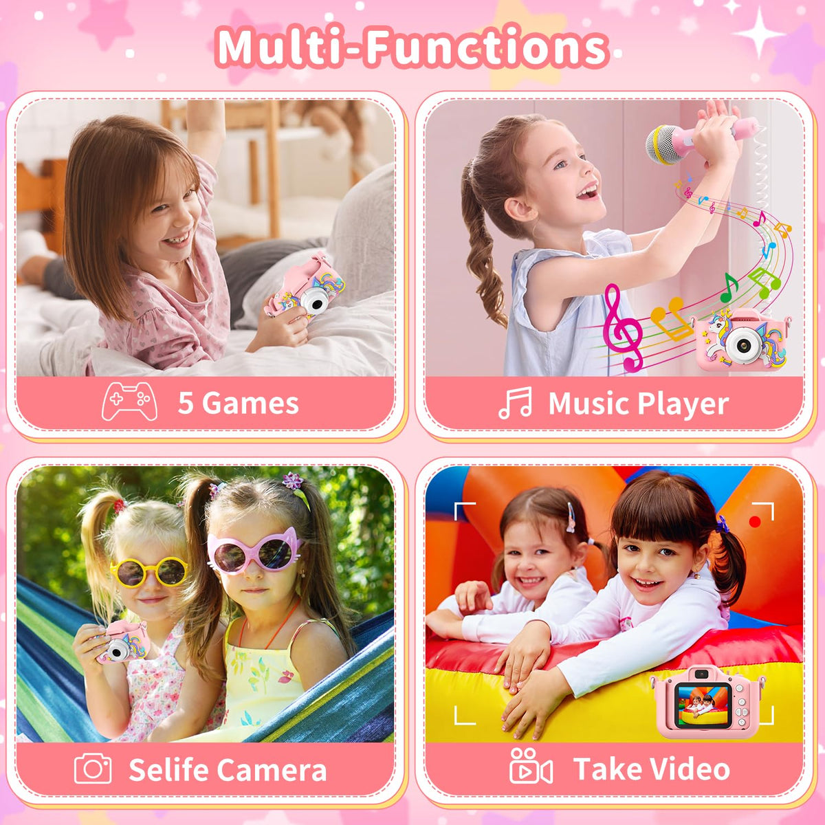 PHNIXGAM Pink Unicorn Kids Camera held in hand highlighting accessible play and learning