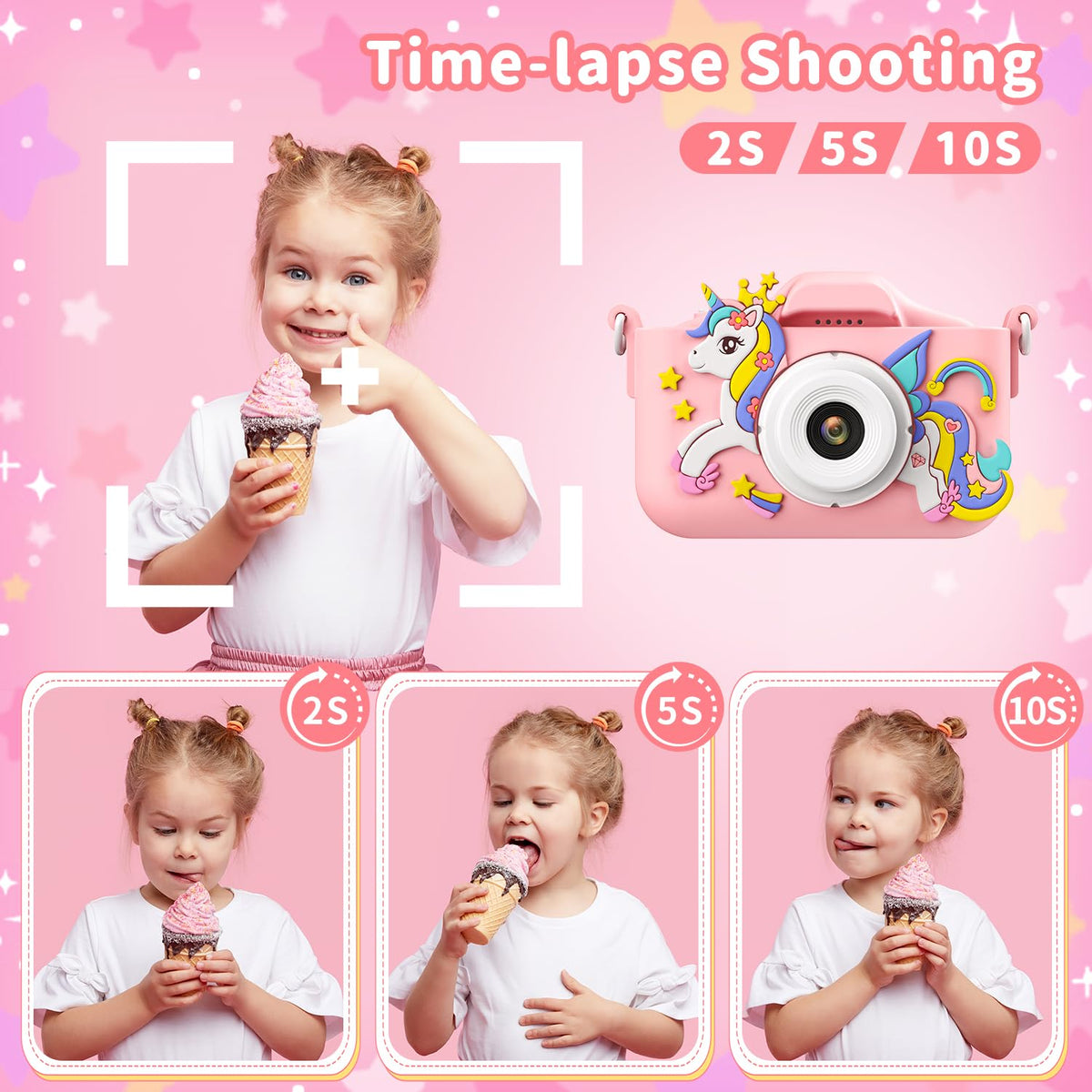 PHNIXGAM Pink Unicorn Kids Camera USB C charging for quick power