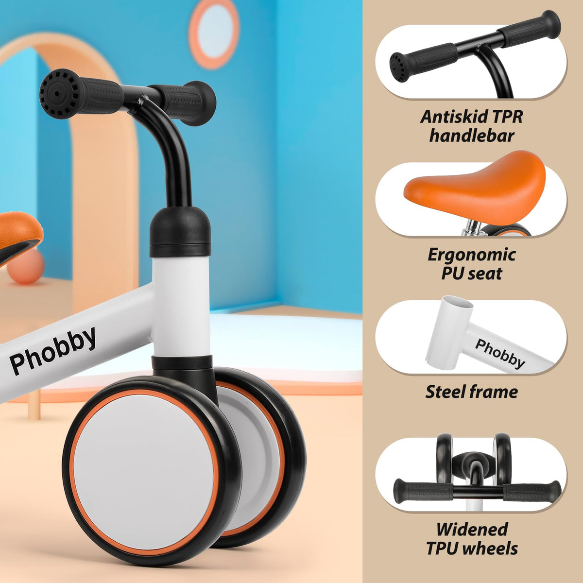 Phobby Baby Balance Bike wheels illustrate quiet, smooth rides indoors and outdoors
