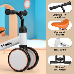 Phobby Baby Balance Bike wheels illustrate quiet, smooth rides indoors and outdoors
