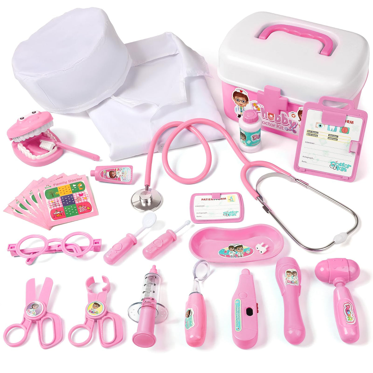 Phobby durable doctor kit pink stethoscope lets kids hear a heartbeat during pretend play.