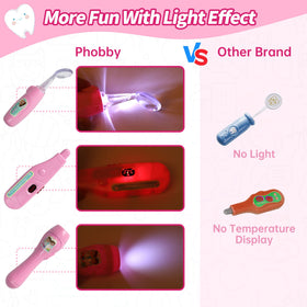 Phobby teeth and dentist tools help teach brushing and dental care during play.