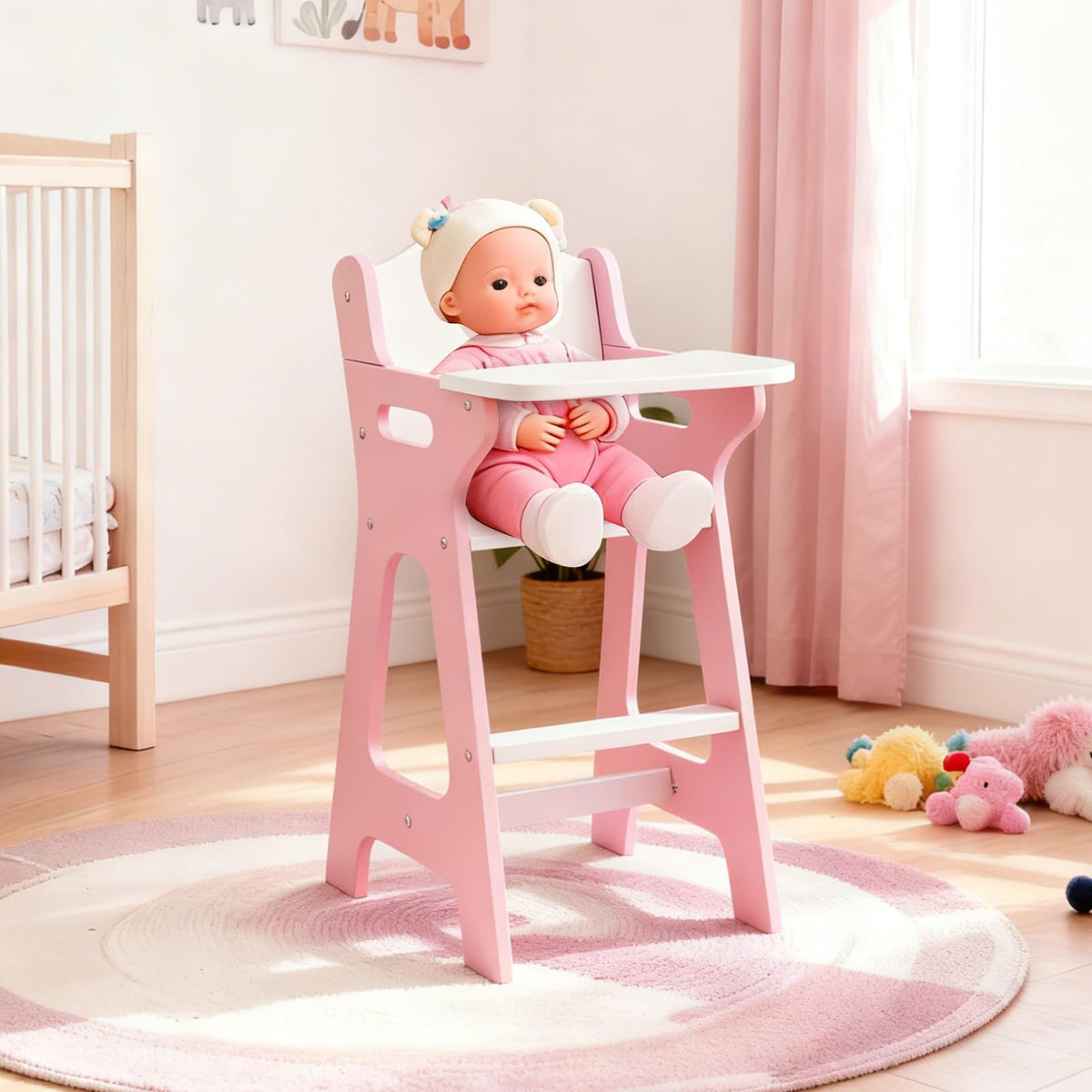 PHOKID doll high chair displays a heart-cutout backrest for charming playroom visuals.