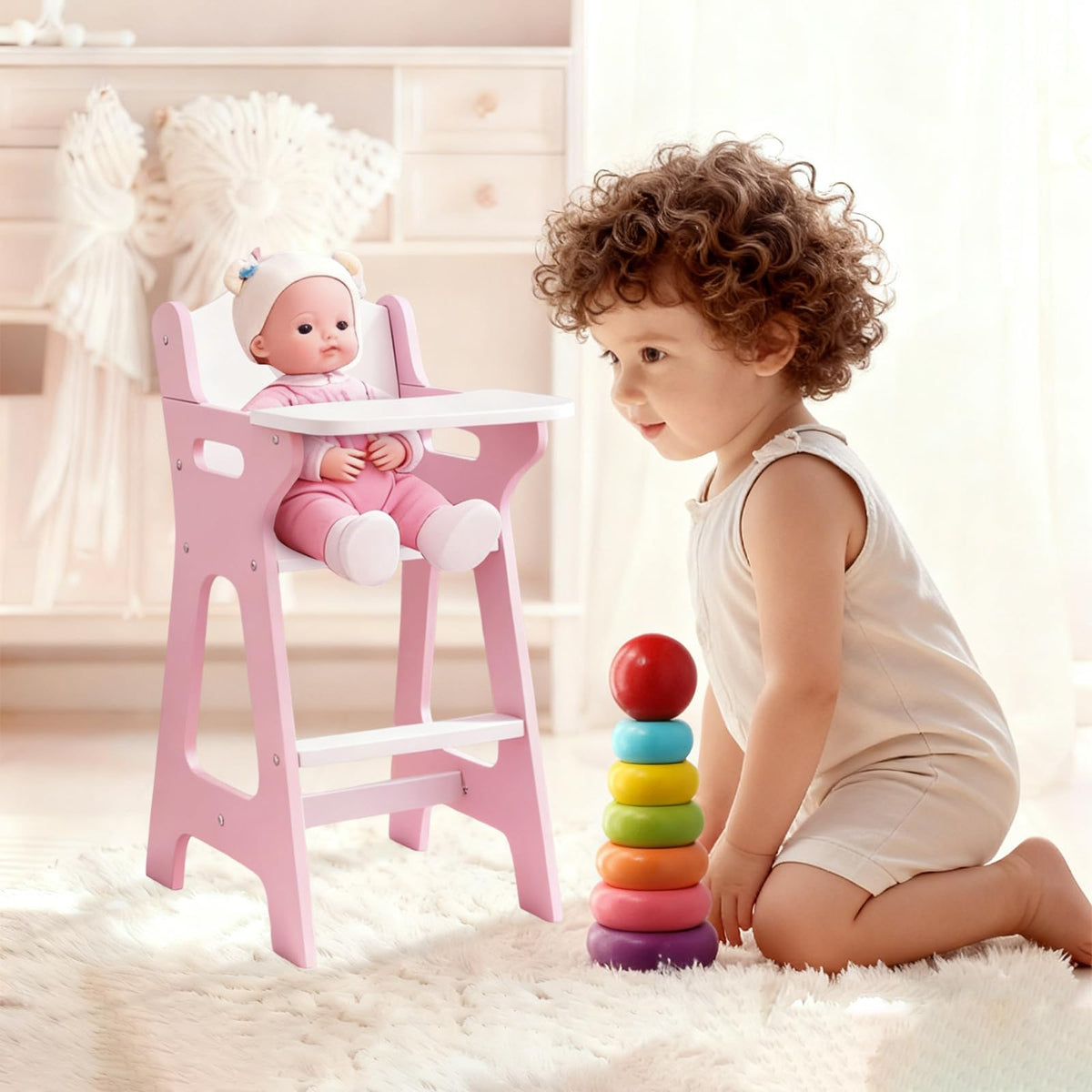 PHOKID doll high chair includes a safety belt for secure role-play.